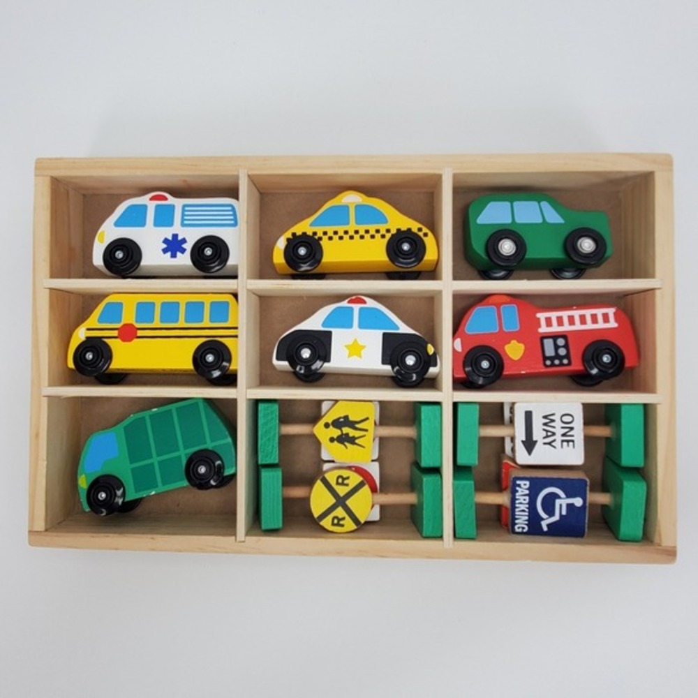 Melissa & Doug Wooden Vehicles and Trafficβ Signs 7 Cars 4 Signs Set 3177 Tray